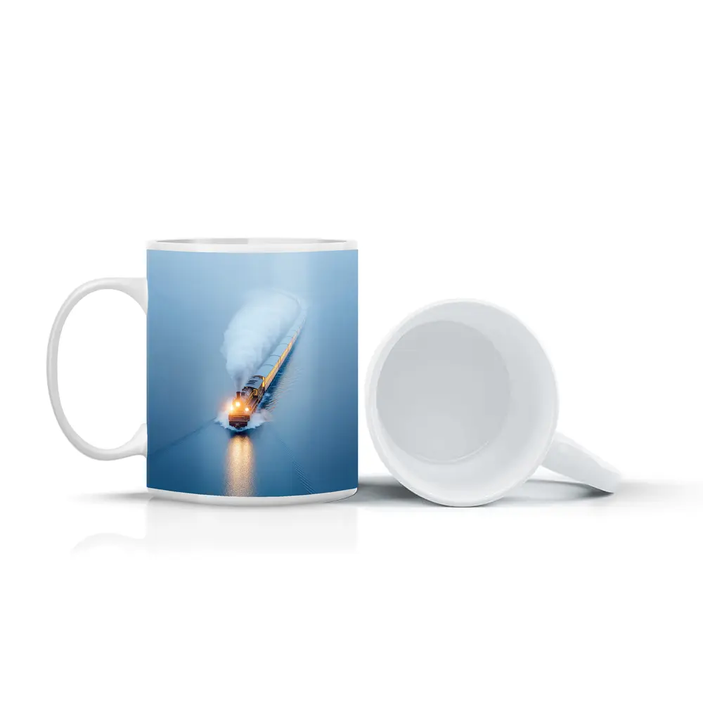 Yellow Train Rushing Through Misty Blue Water – Mugs