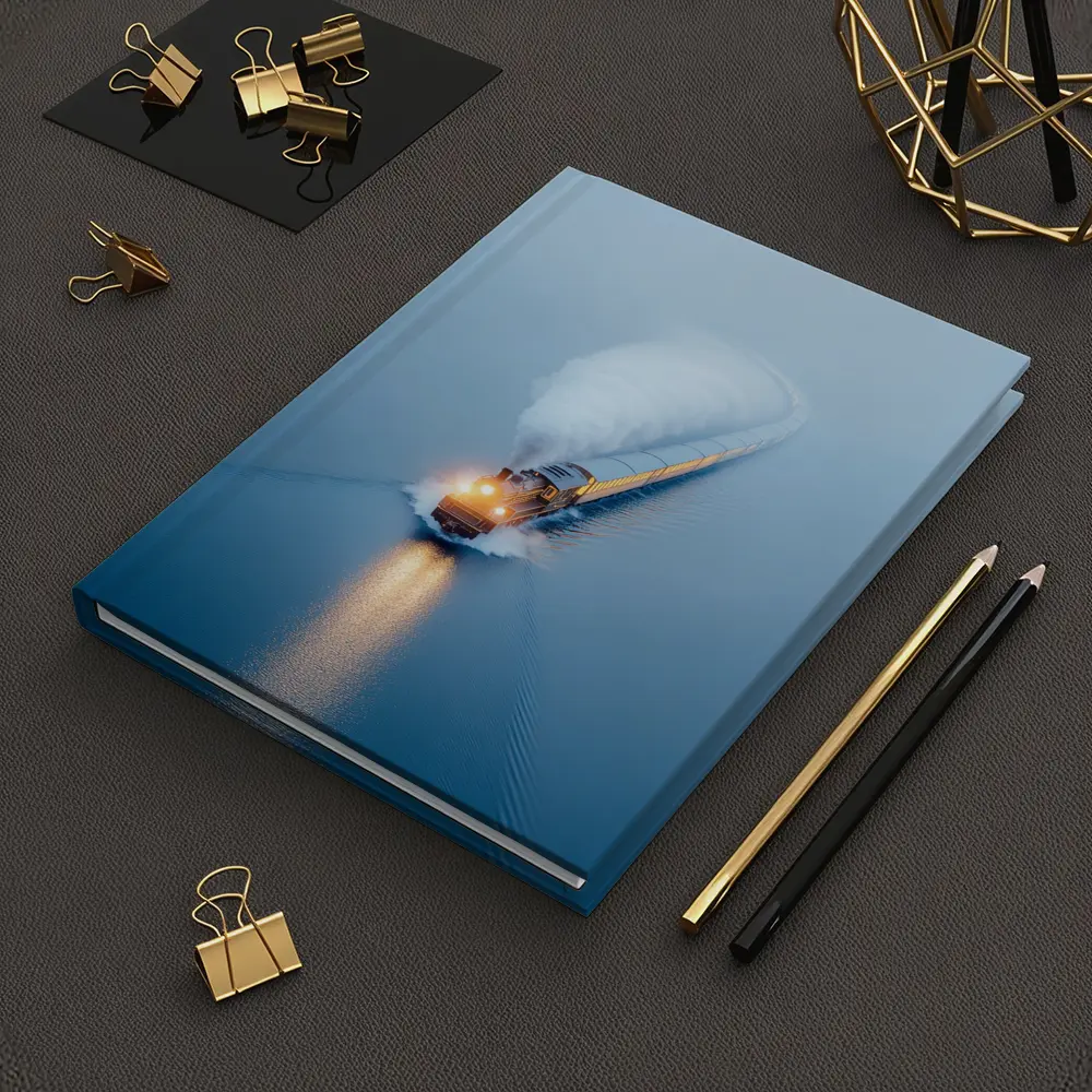 Yellow Train Rushing Through Misty Blue Water – Notebooks