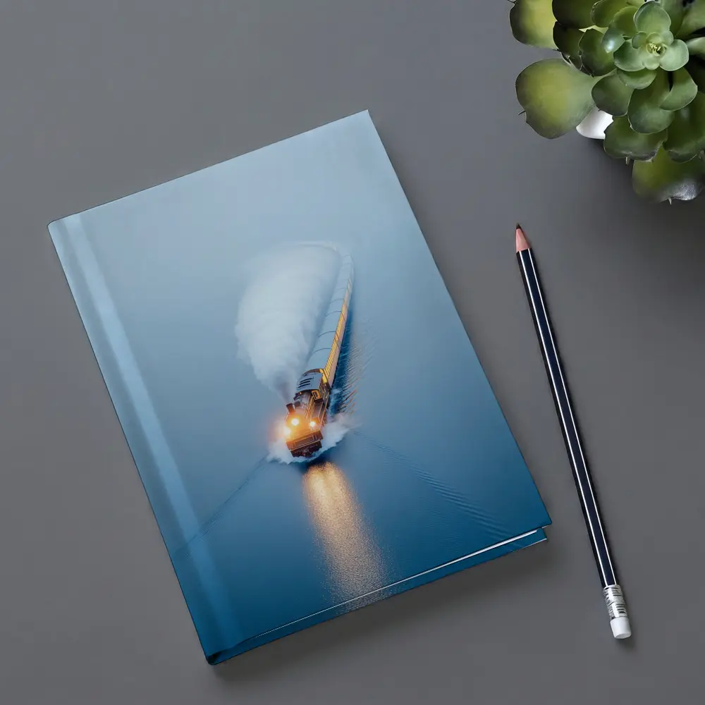 Yellow Train Rushing Through Misty Blue Water – Notebooks