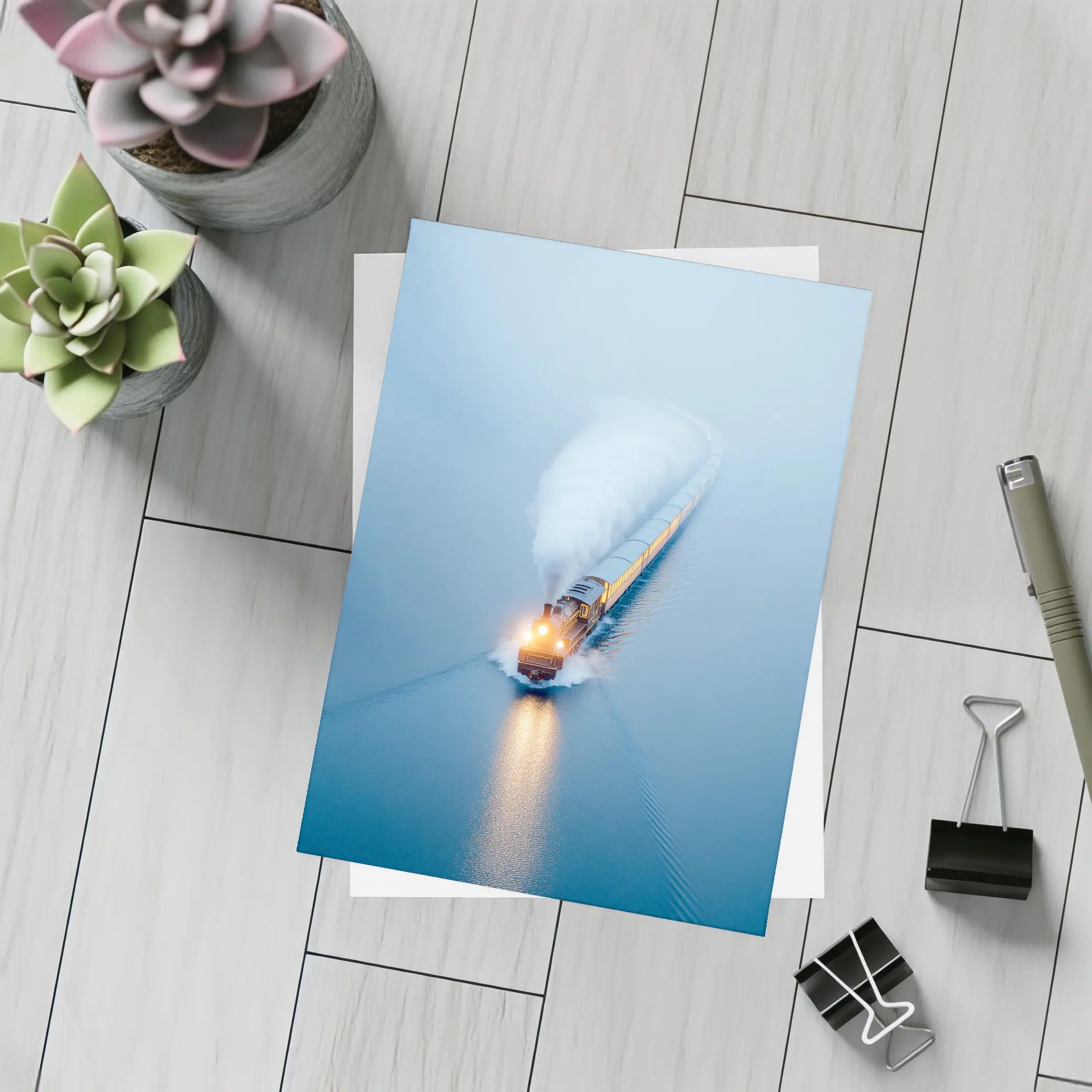 Yellow Train Rushing Through Misty Blue Water – Postcards