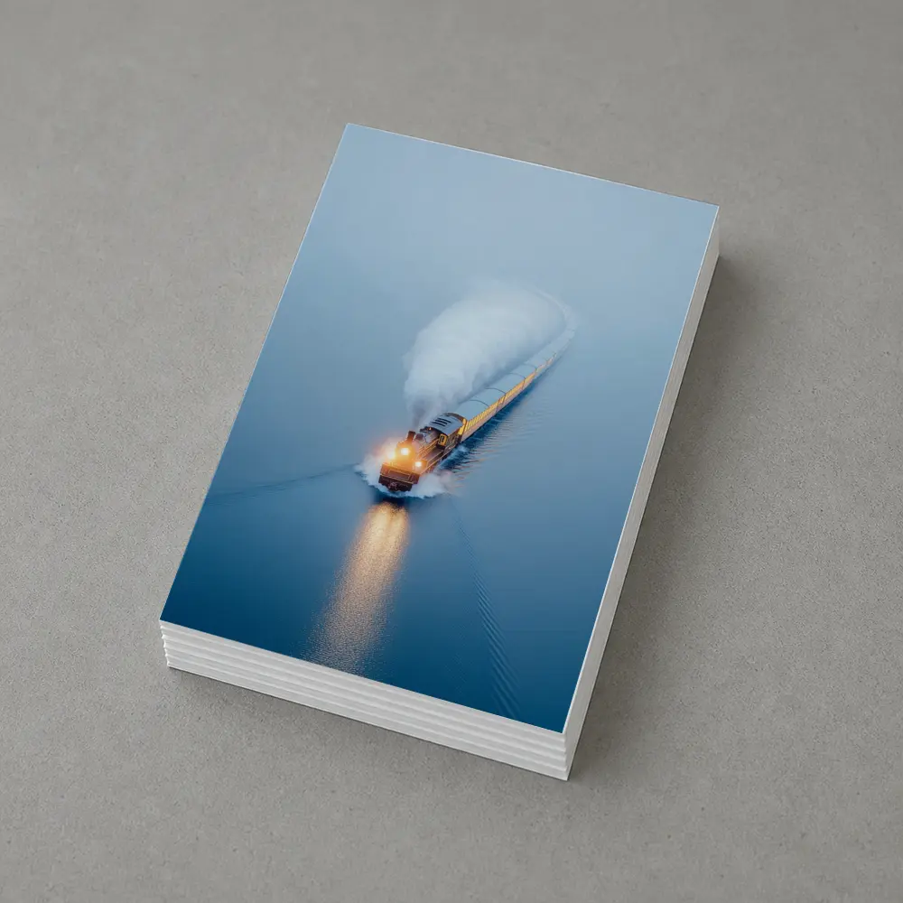 Yellow Train Rushing Through Misty Blue Water – Postcards