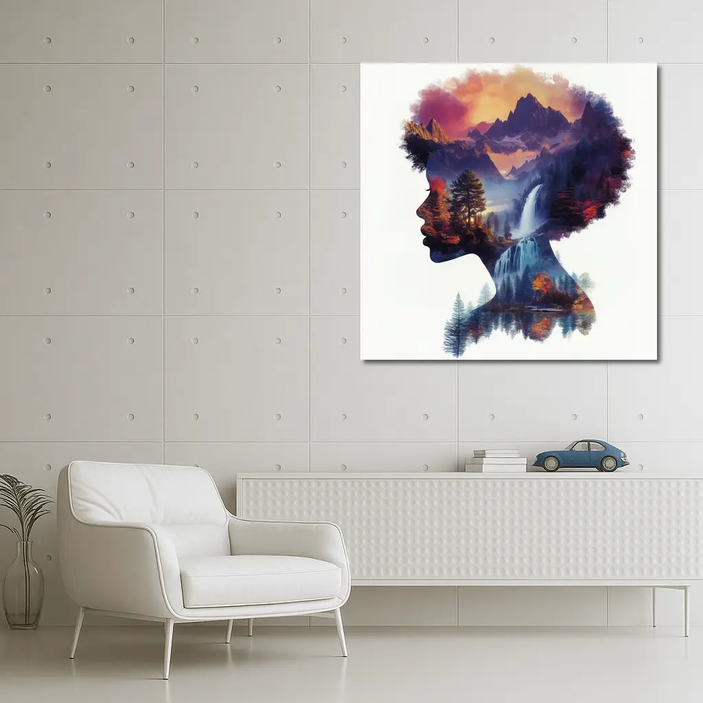 Woman Silhouette Double Exposure Mountain Waterfall – Wall Art
