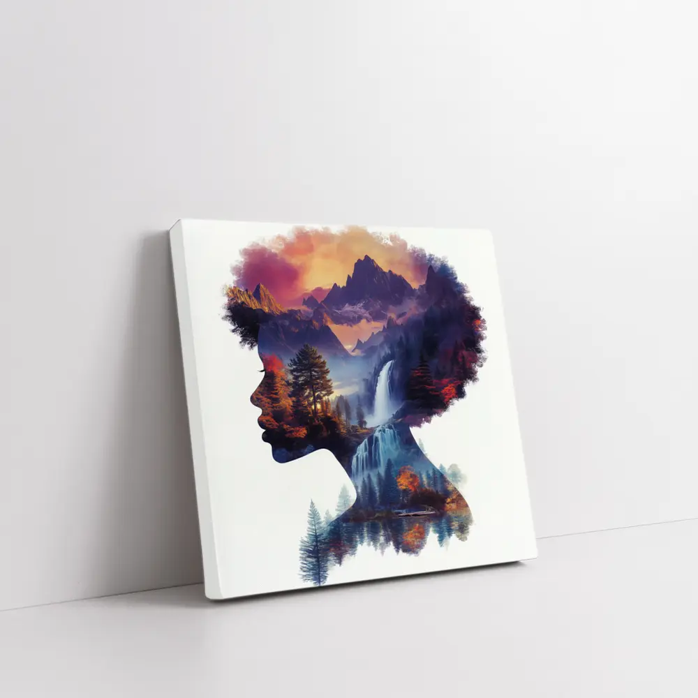 Woman Silhouette Double Exposure Mountain Waterfall – Wall Art