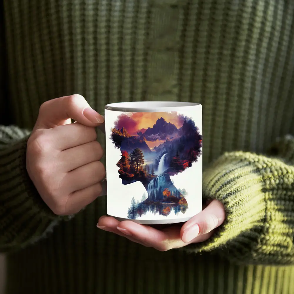 Woman Silhouette Double Exposure Mountain Waterfall – Mugs