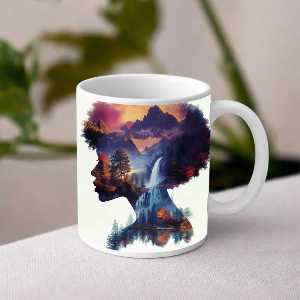 Woman Silhouette Double Exposure Mountain Waterfall – Mugs