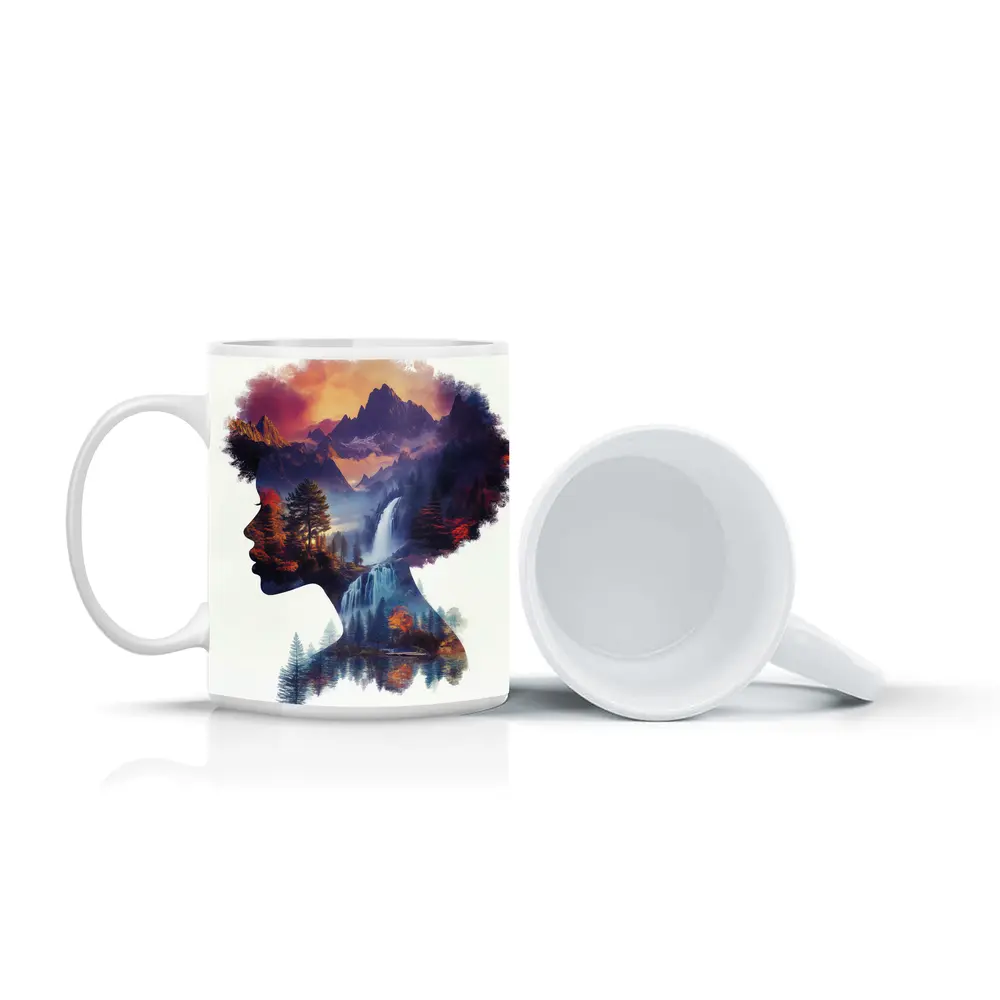 Woman Silhouette Double Exposure Mountain Waterfall – Mugs