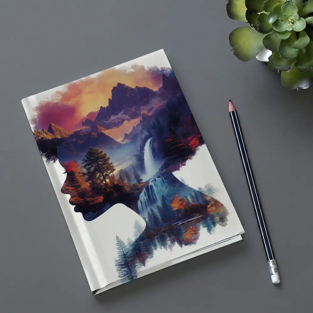 Woman Silhouette Double Exposure Mountain Waterfall – Notebooks