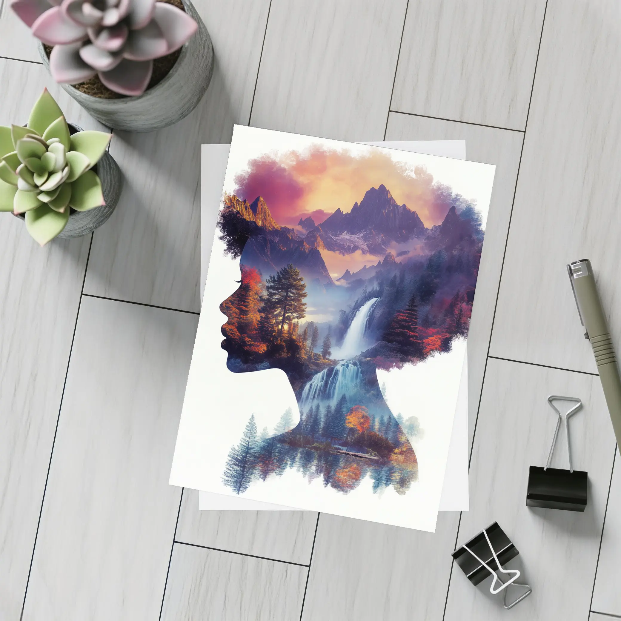 Woman Silhouette Double Exposure Mountain Waterfall – Postcards