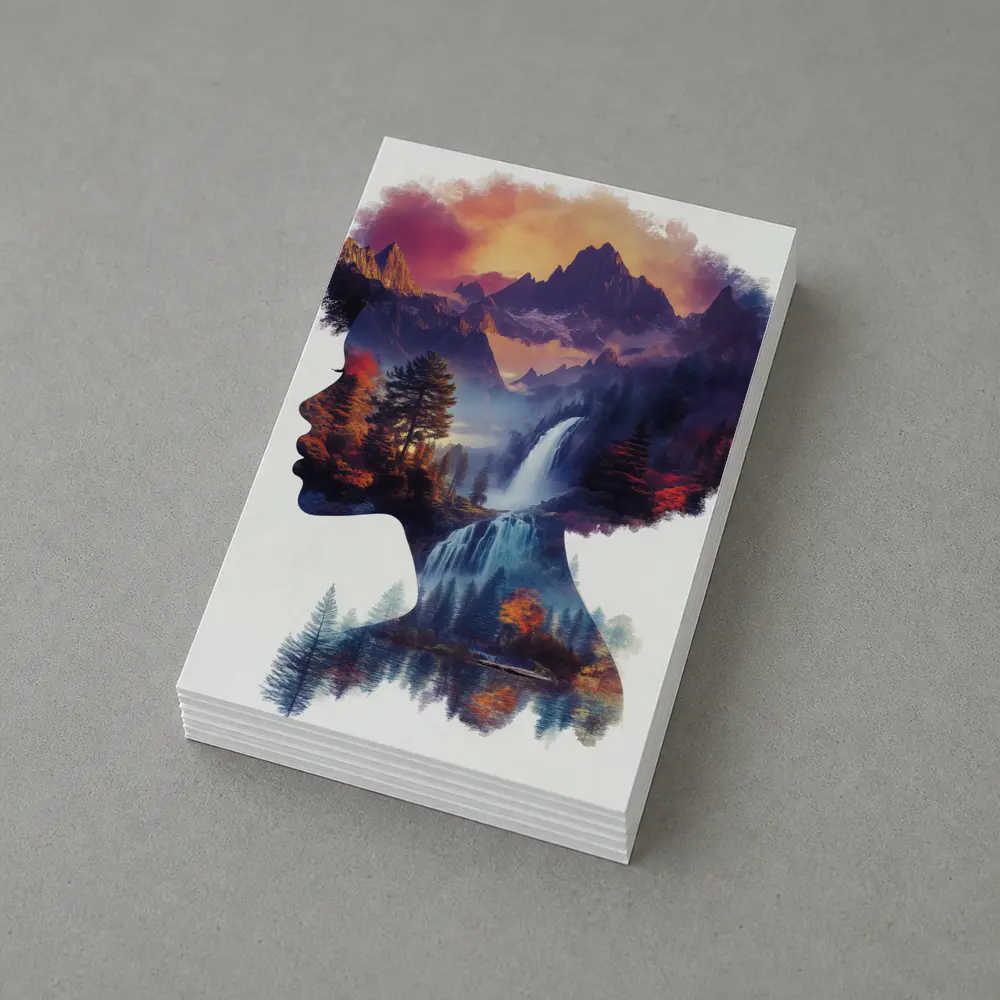 Woman Silhouette Double Exposure Mountain Waterfall – Postcards