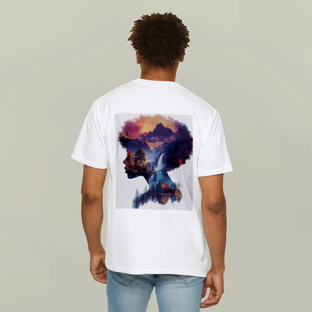Woman Silhouette Double Exposure Mountain Waterfall – T-Shirts