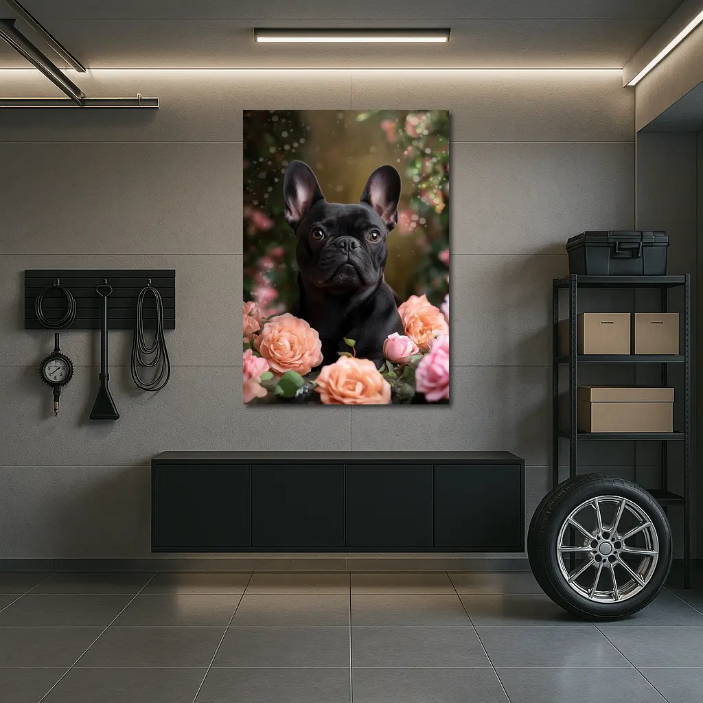 Black French Bulldog Among Pink Roses – Wall Art