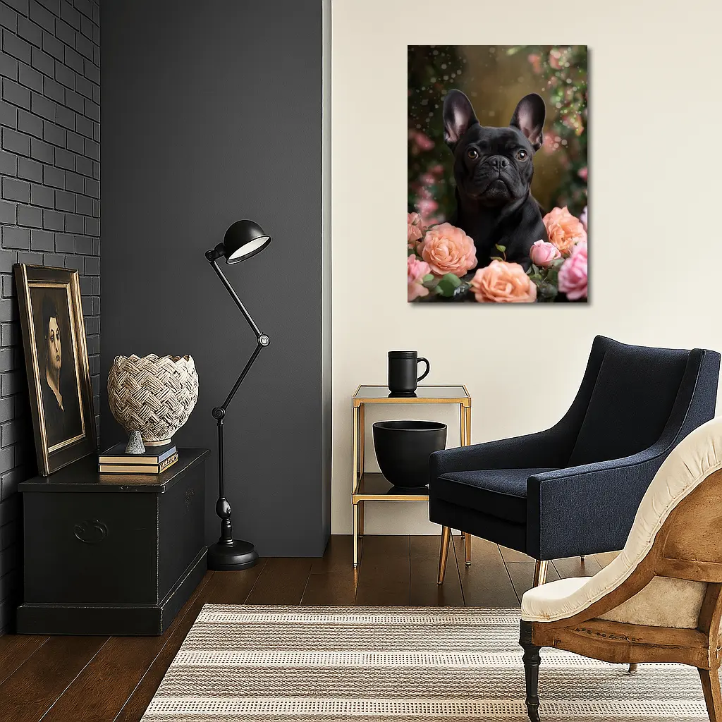 Black French Bulldog Among Pink Roses – Wall Art