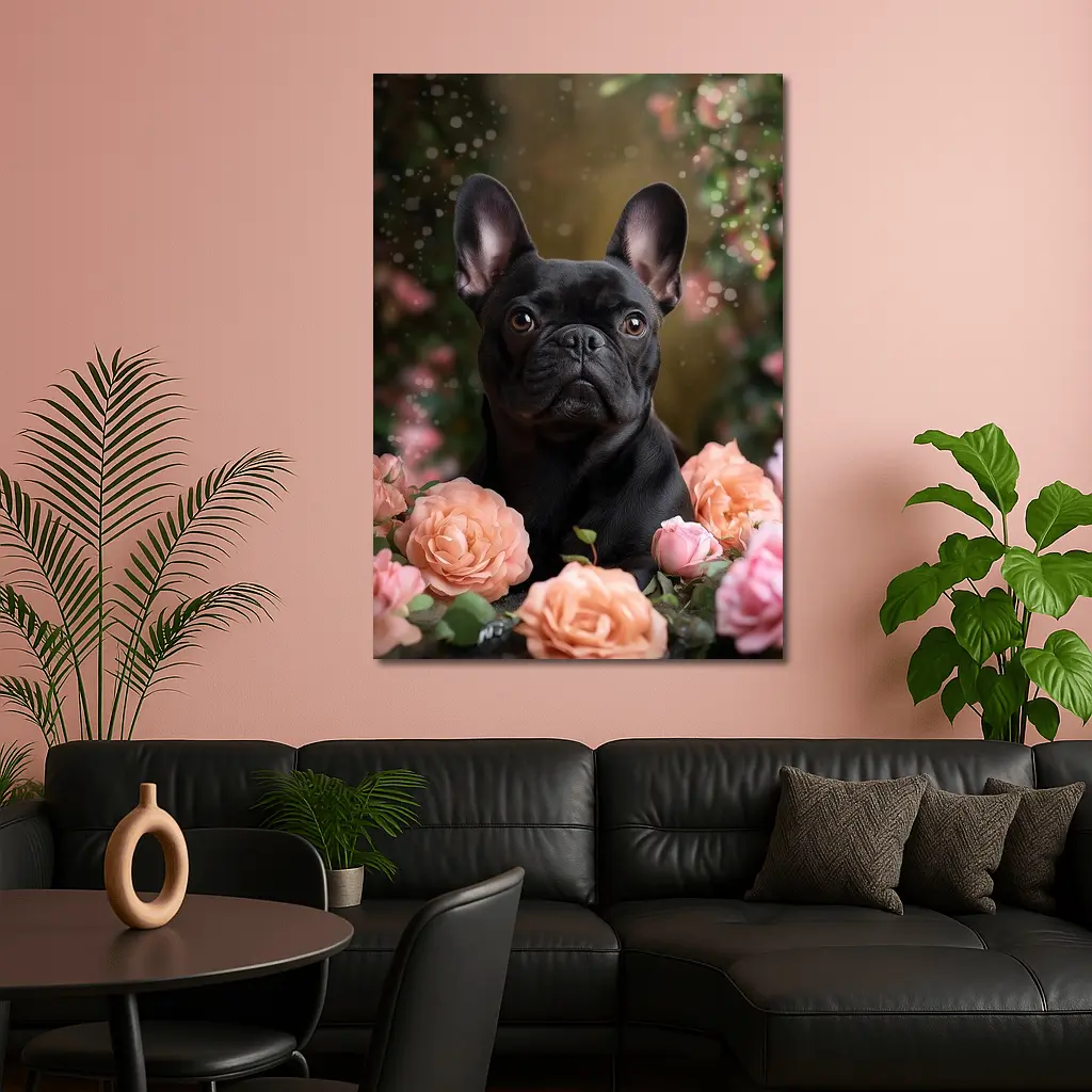 Black French Bulldog Among Pink Roses – Wall Art