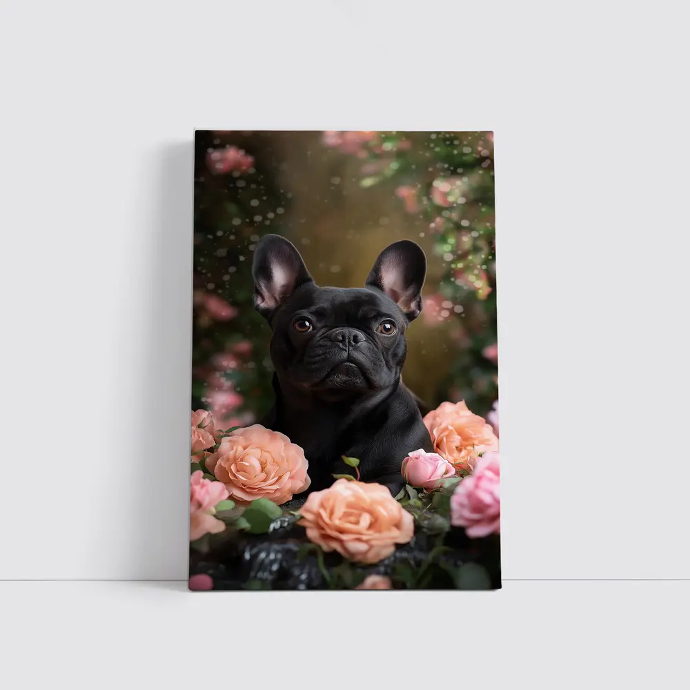 Black French Bulldog Among Pink Roses – Wall Art
