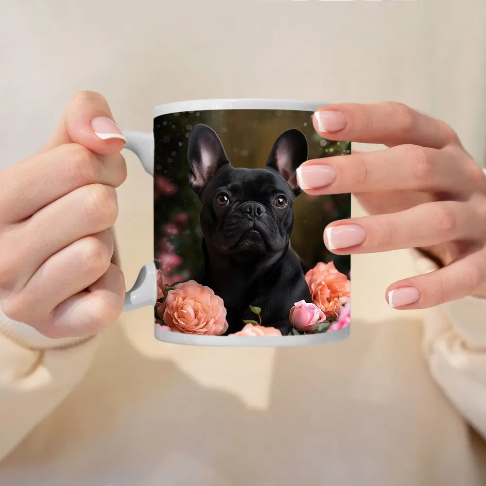 Black French Bulldog Among Pink Roses – Mugs