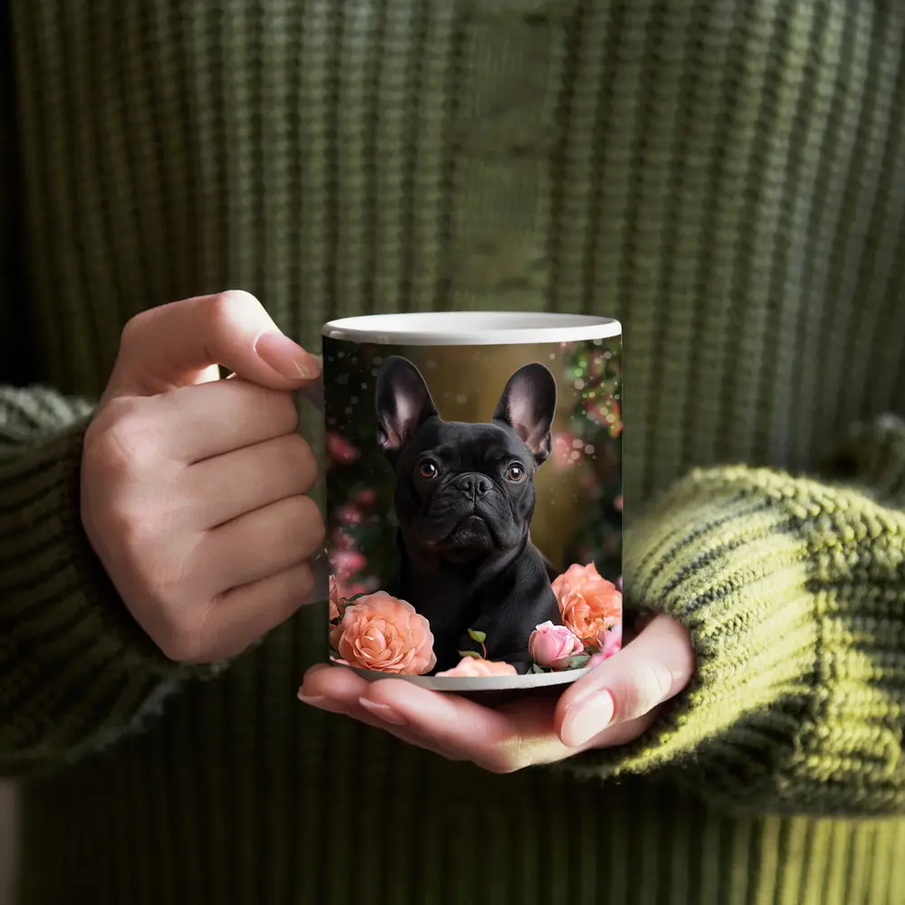 Black French Bulldog Among Pink Roses – Mugs