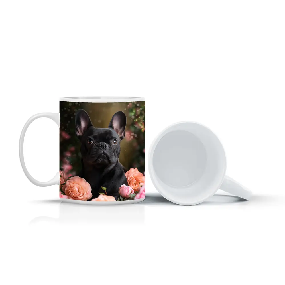 Black French Bulldog Among Pink Roses – Mugs
