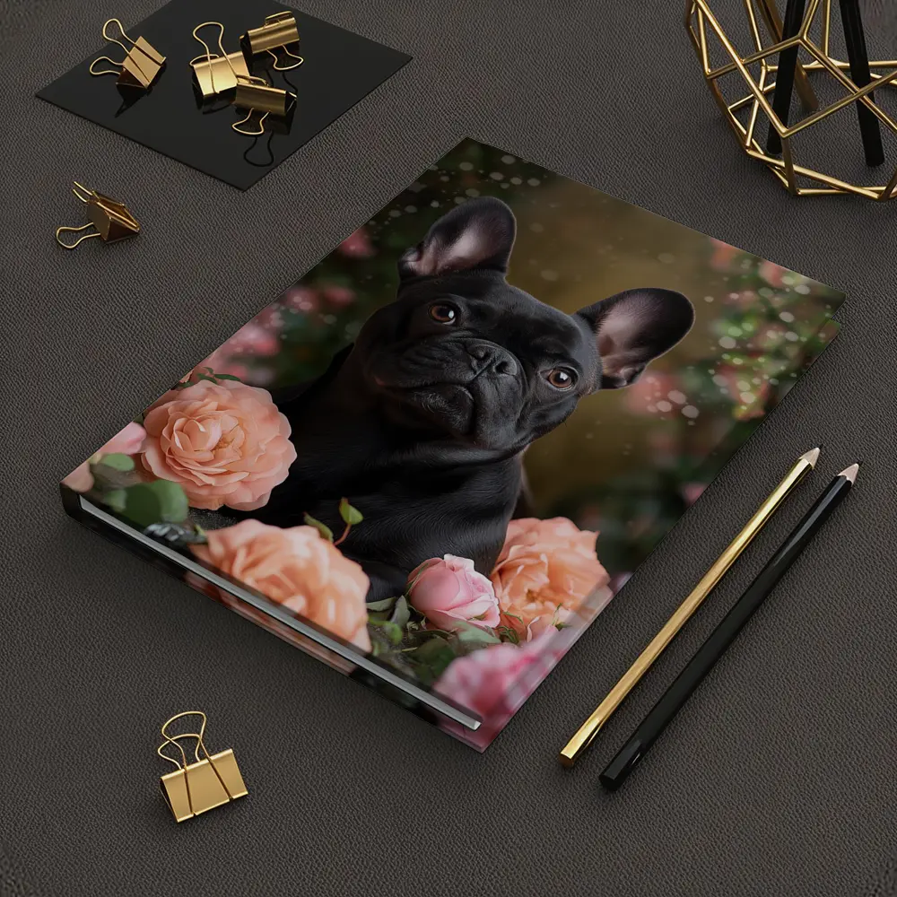 Black French Bulldog Among Pink Roses – Notebooks