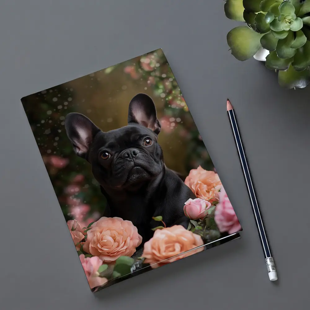 Black French Bulldog Among Pink Roses – Notebooks