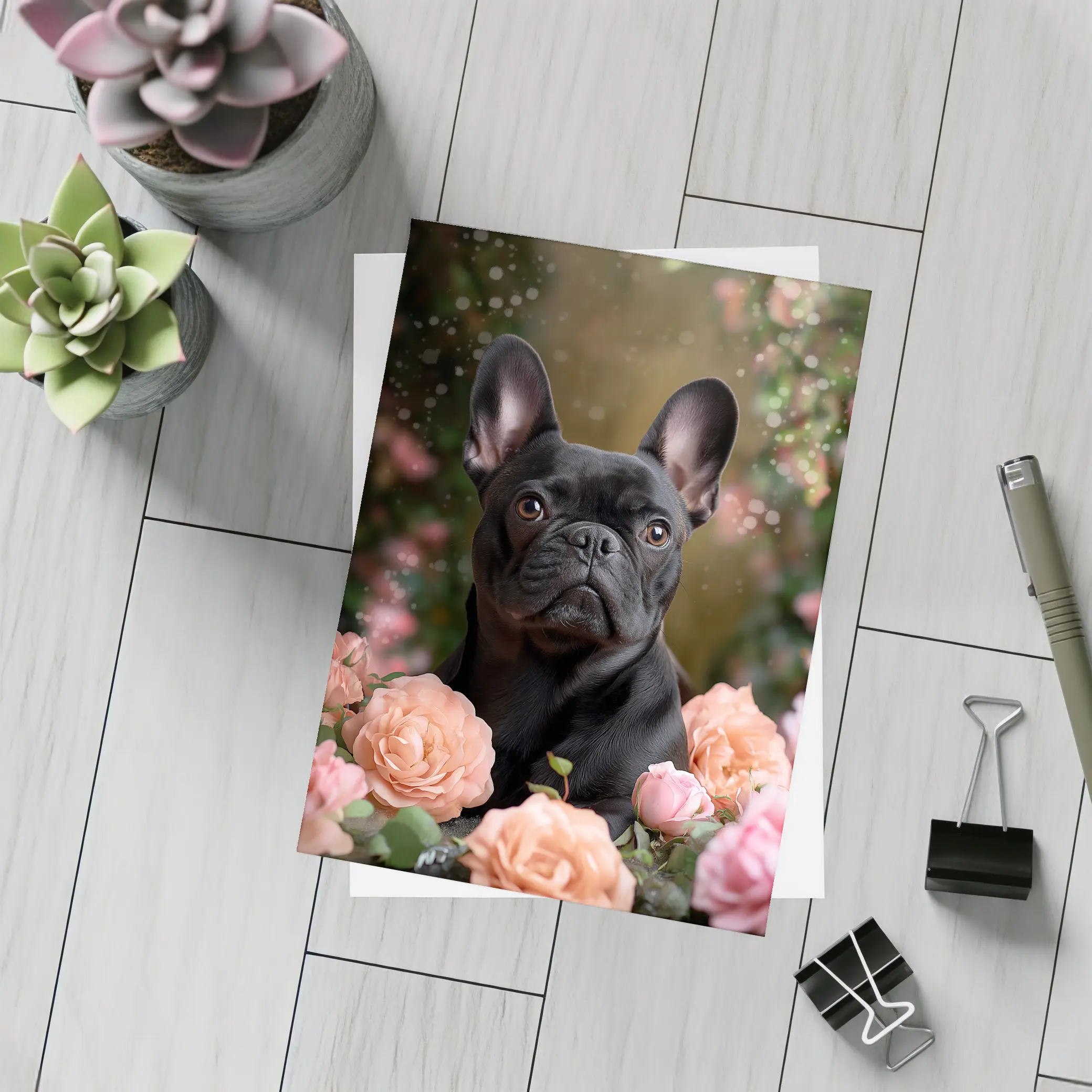 Black French Bulldog Among Pink Roses – Postcards