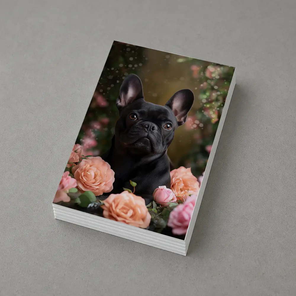 Black French Bulldog Among Pink Roses – Postcards