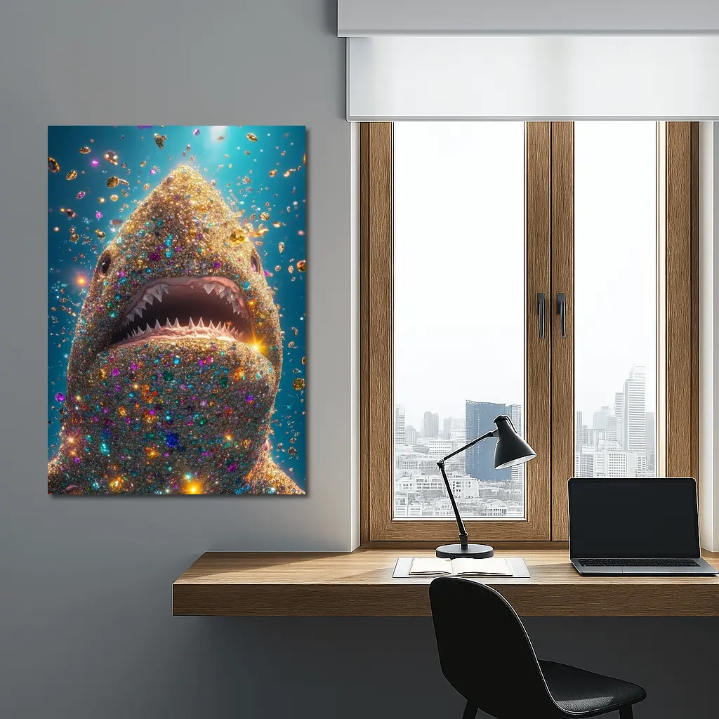Glitter Shark With Colorful Gems Blue Background – Wall Art