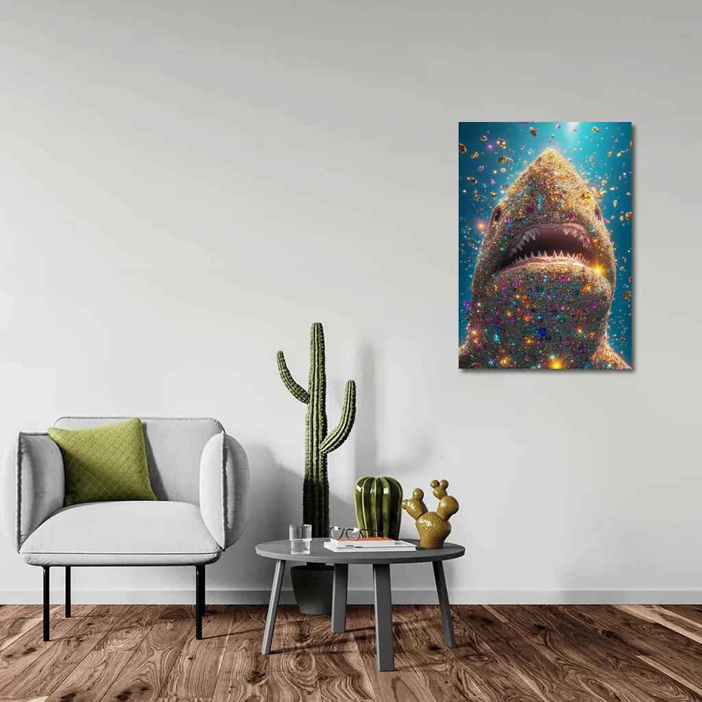 Glitter Shark With Colorful Gems Blue Background – Wall Art
