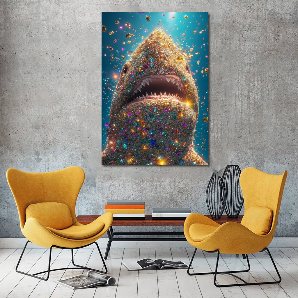 Glitter Shark With Colorful Gems Blue Background – Wall Art