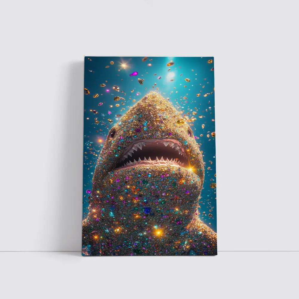 Glitter Shark With Colorful Gems Blue Background – Wall Art