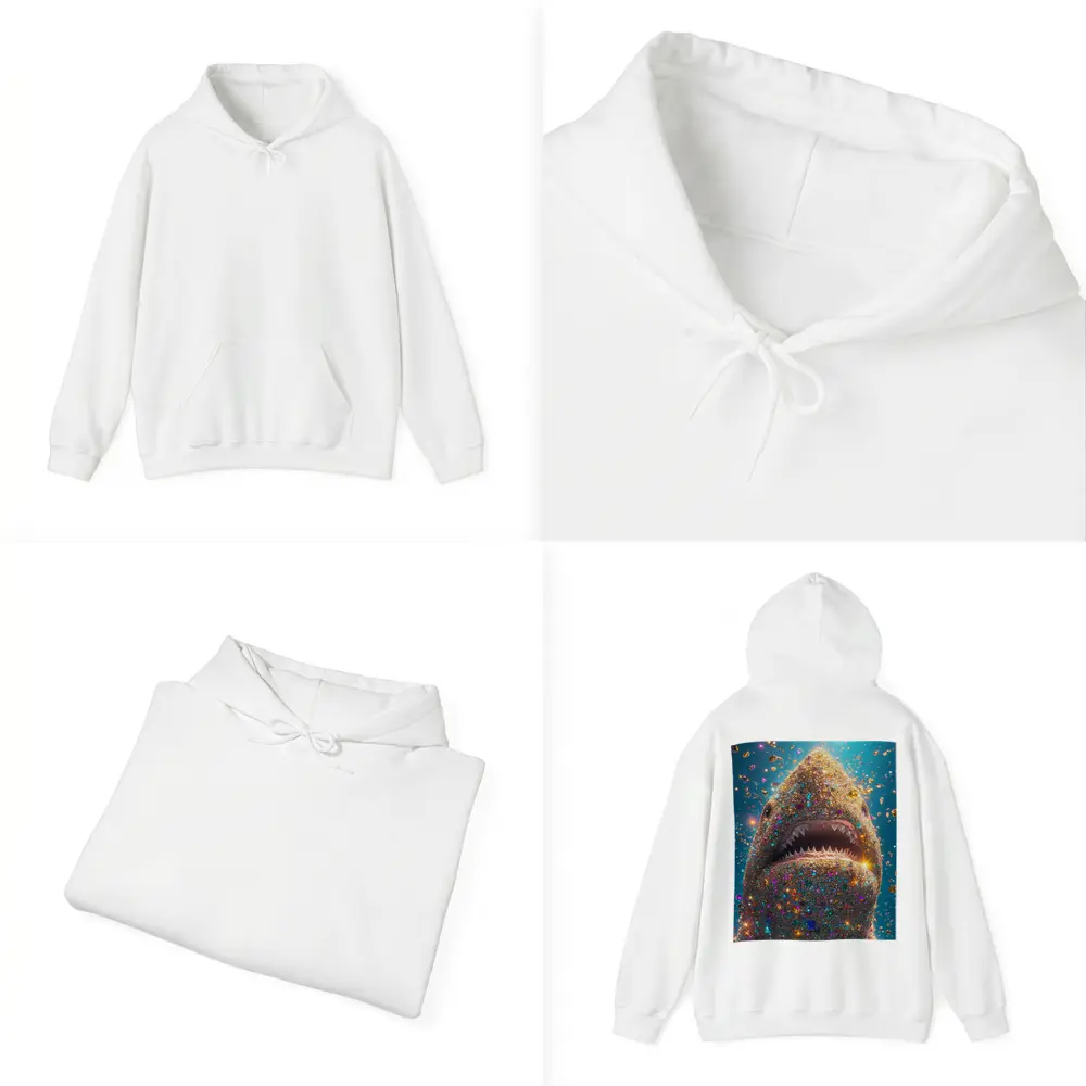 Glitter Shark With Colorful Gems Blue Background – Hoodies
