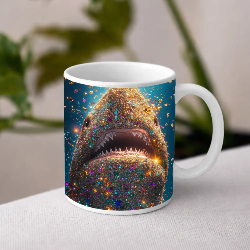 Glitter Shark With Colorful Gems Blue Background – Mugs