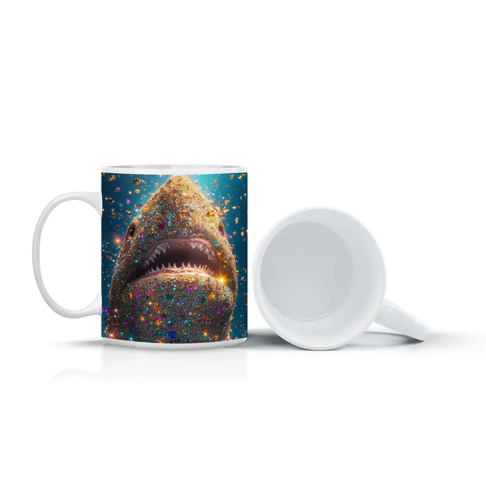 Glitter Shark With Colorful Gems Blue Background – Mugs