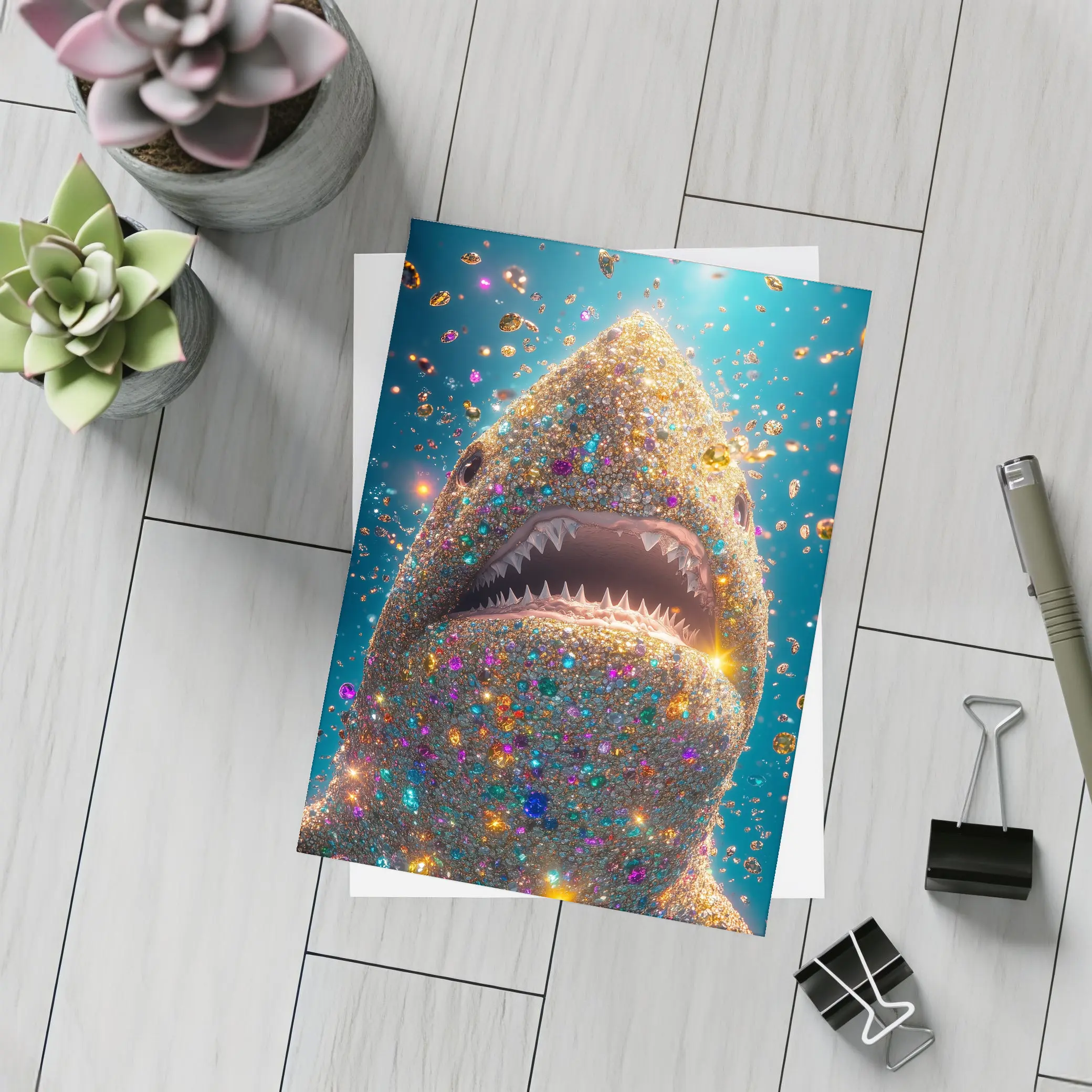 Glitter Shark With Colorful Gems Blue Background – Postcards