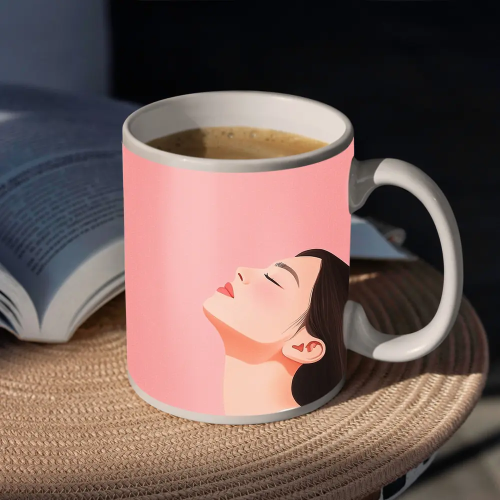 Minimalist Woman Profile Illustration Pink Background – Mugs