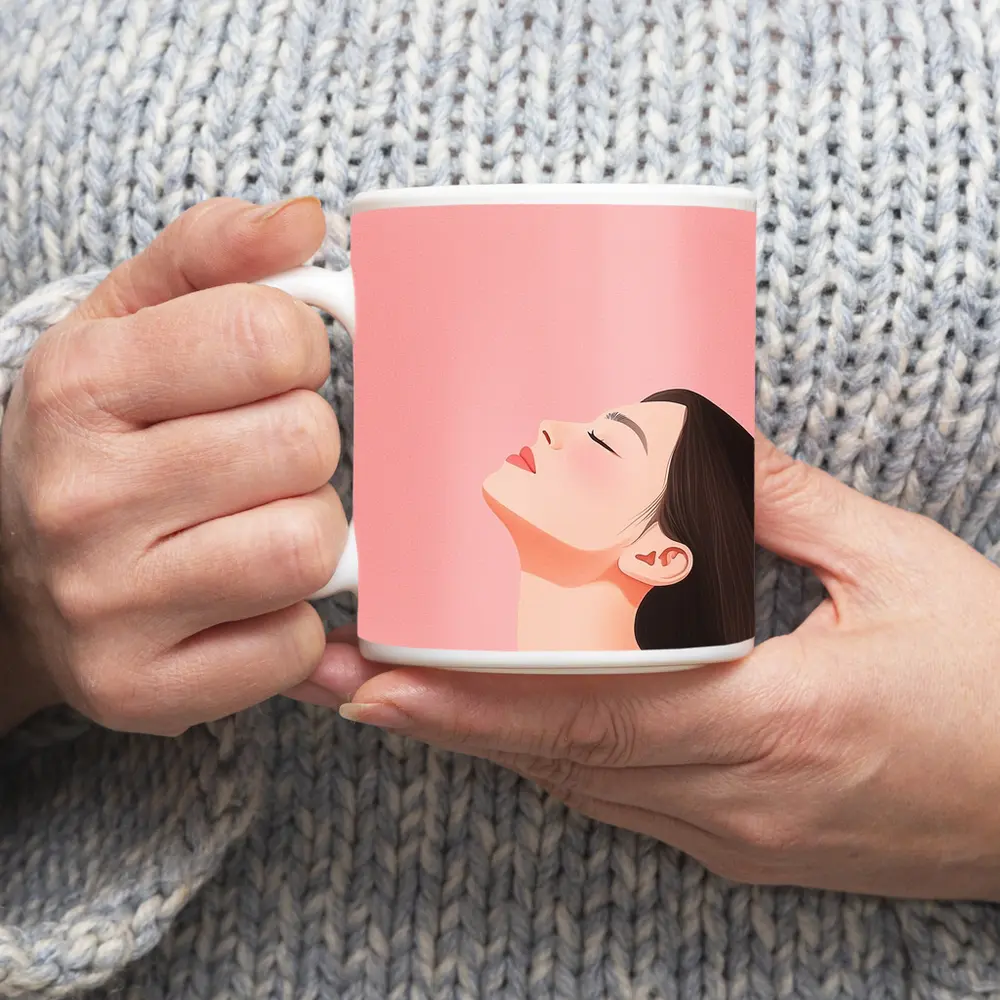 Minimalist Woman Profile Illustration Pink Background – Mugs