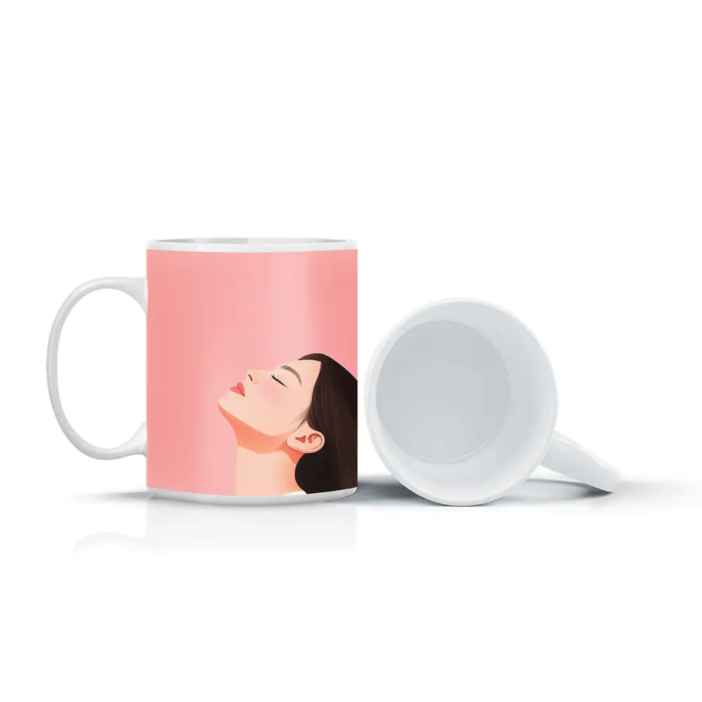 Minimalist Woman Profile Illustration Pink Background – Mugs