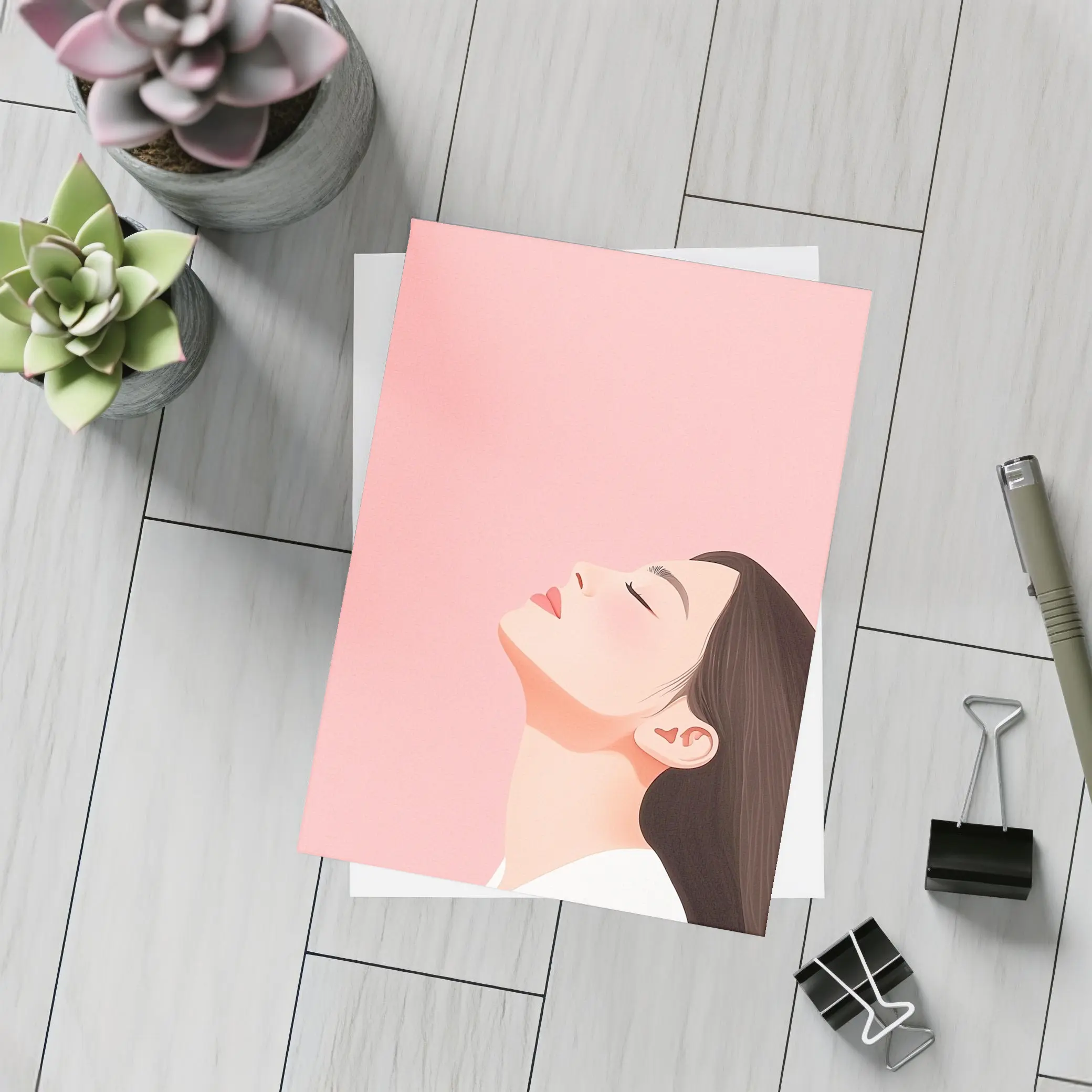 Minimalist Woman Profile Illustration Pink Background – Postcards