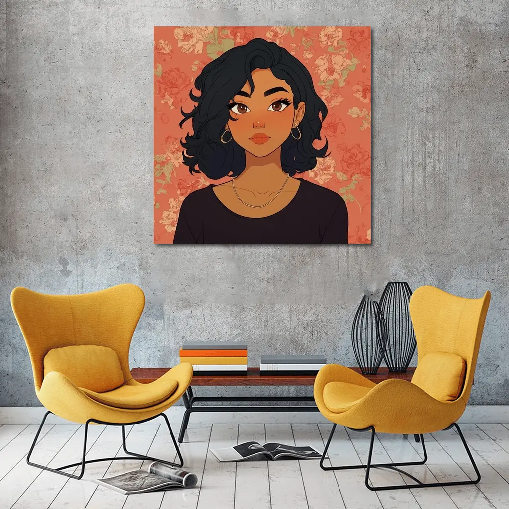 Cartoon Girl Portrait Floral Coral Background – Wall Art
