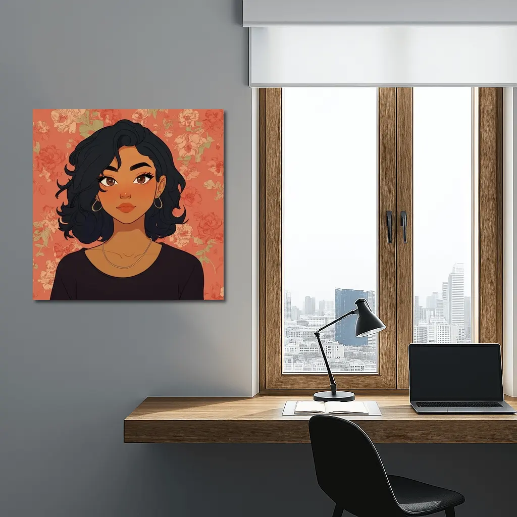 Cartoon Girl Portrait Floral Coral Background – Wall Art