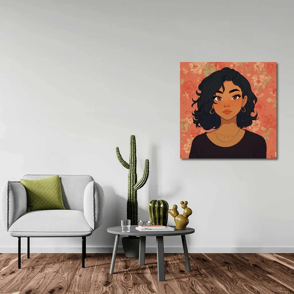 Cartoon Girl Portrait Floral Coral Background – Wall Art