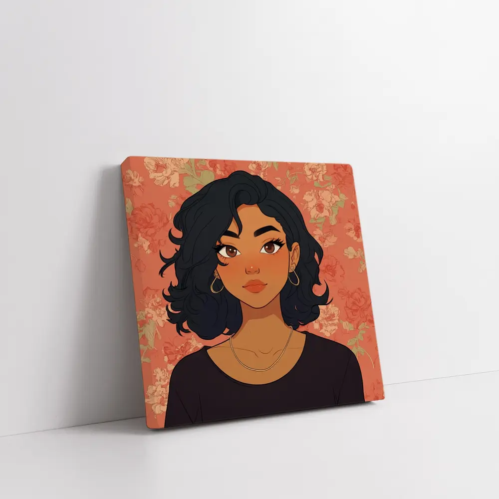 Cartoon Girl Portrait Floral Coral Background – Wall Art