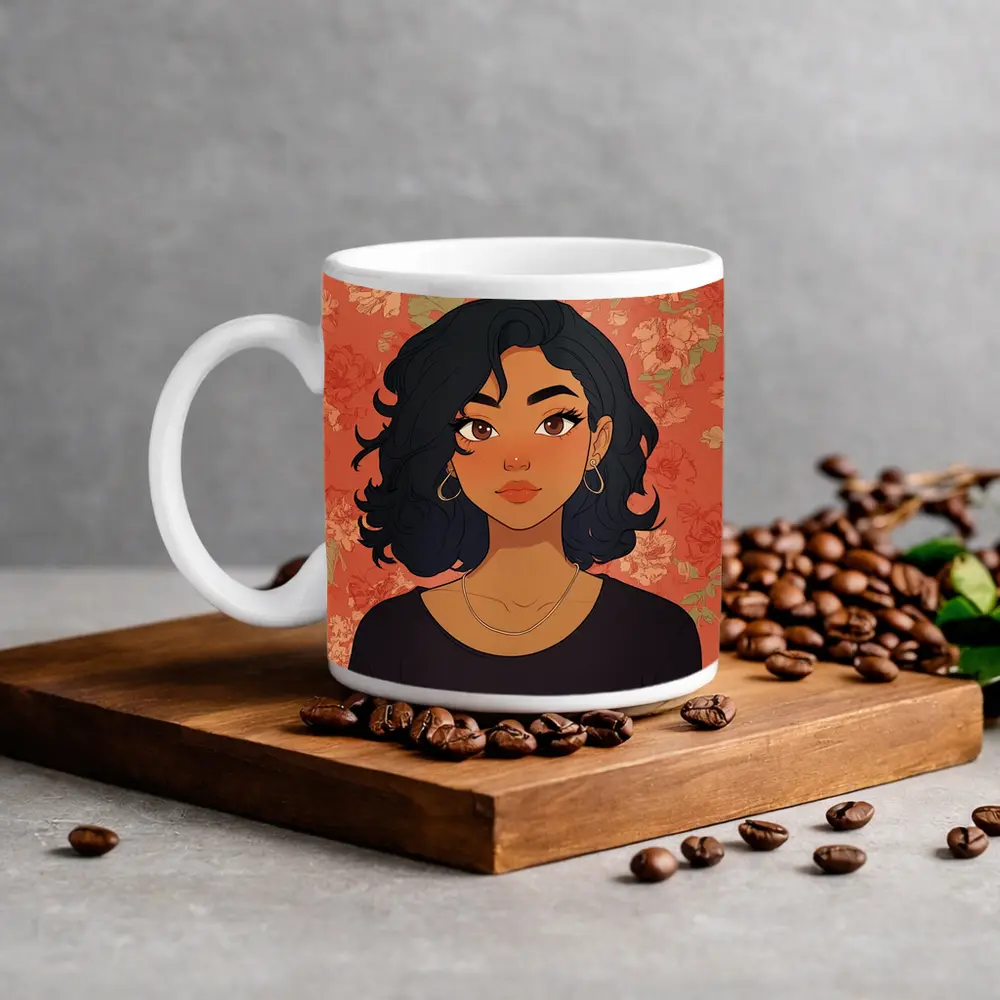 Cartoon Girl Portrait Floral Coral Background – Mugs