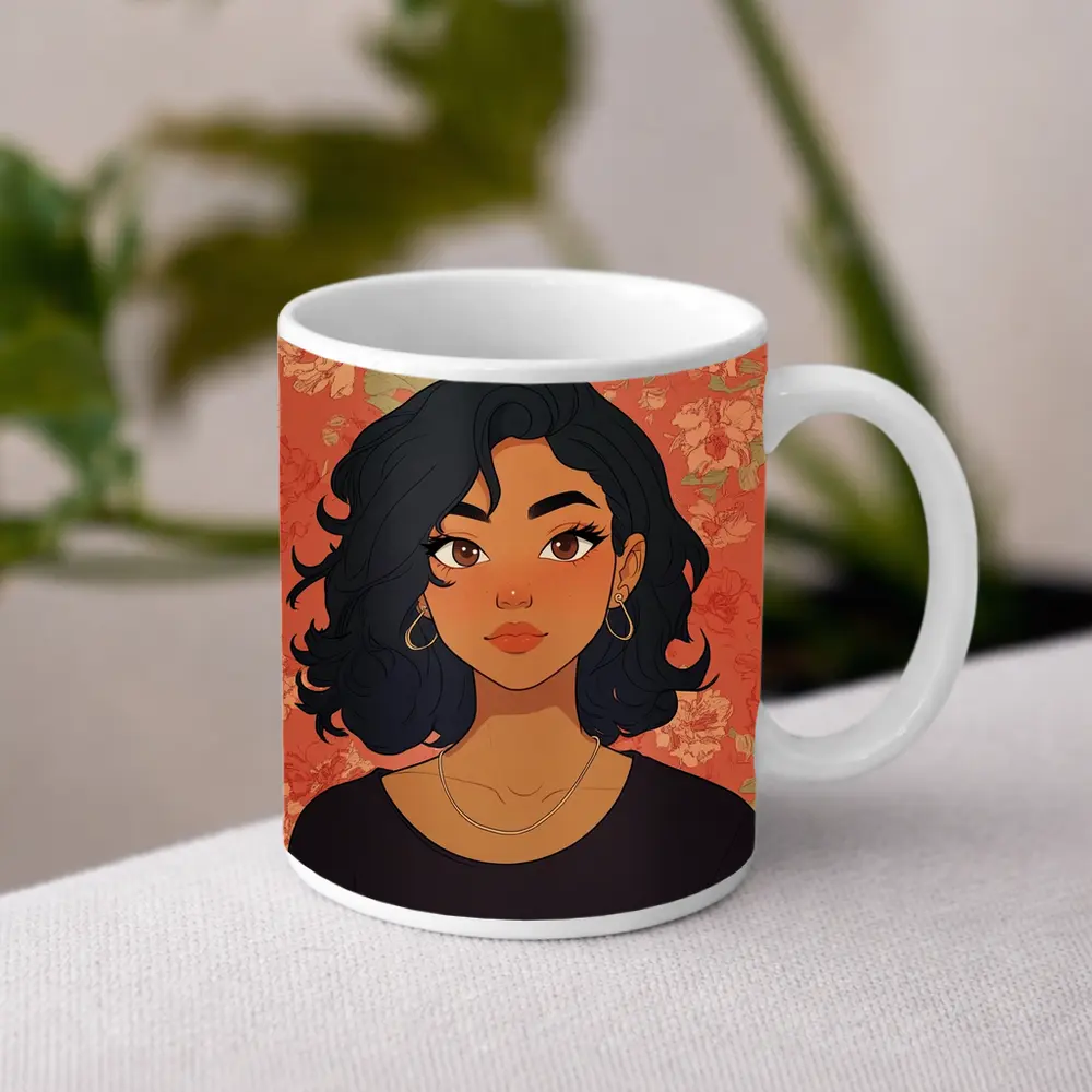 Cartoon Girl Portrait Floral Coral Background – Mugs