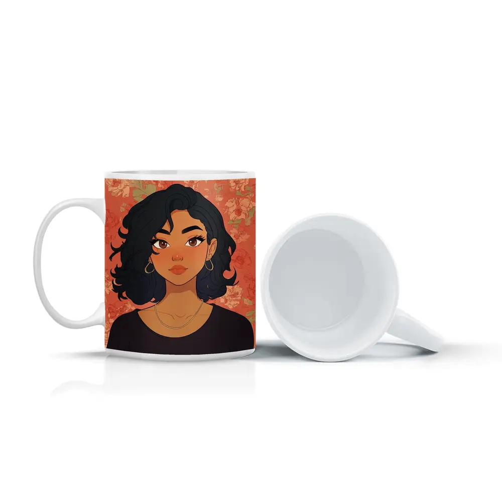Cartoon Girl Portrait Floral Coral Background – Mugs