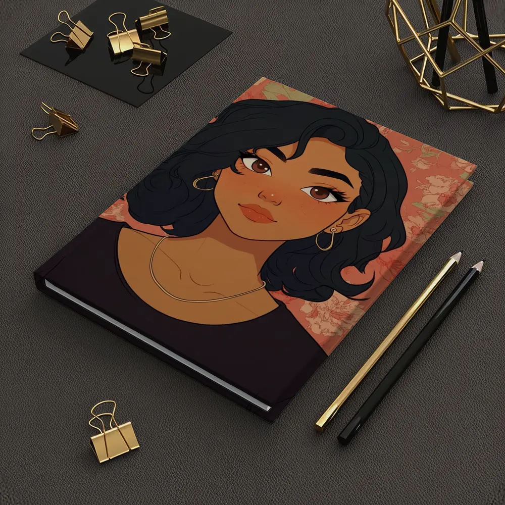 Cartoon Girl Portrait Floral Coral Background – Notebooks