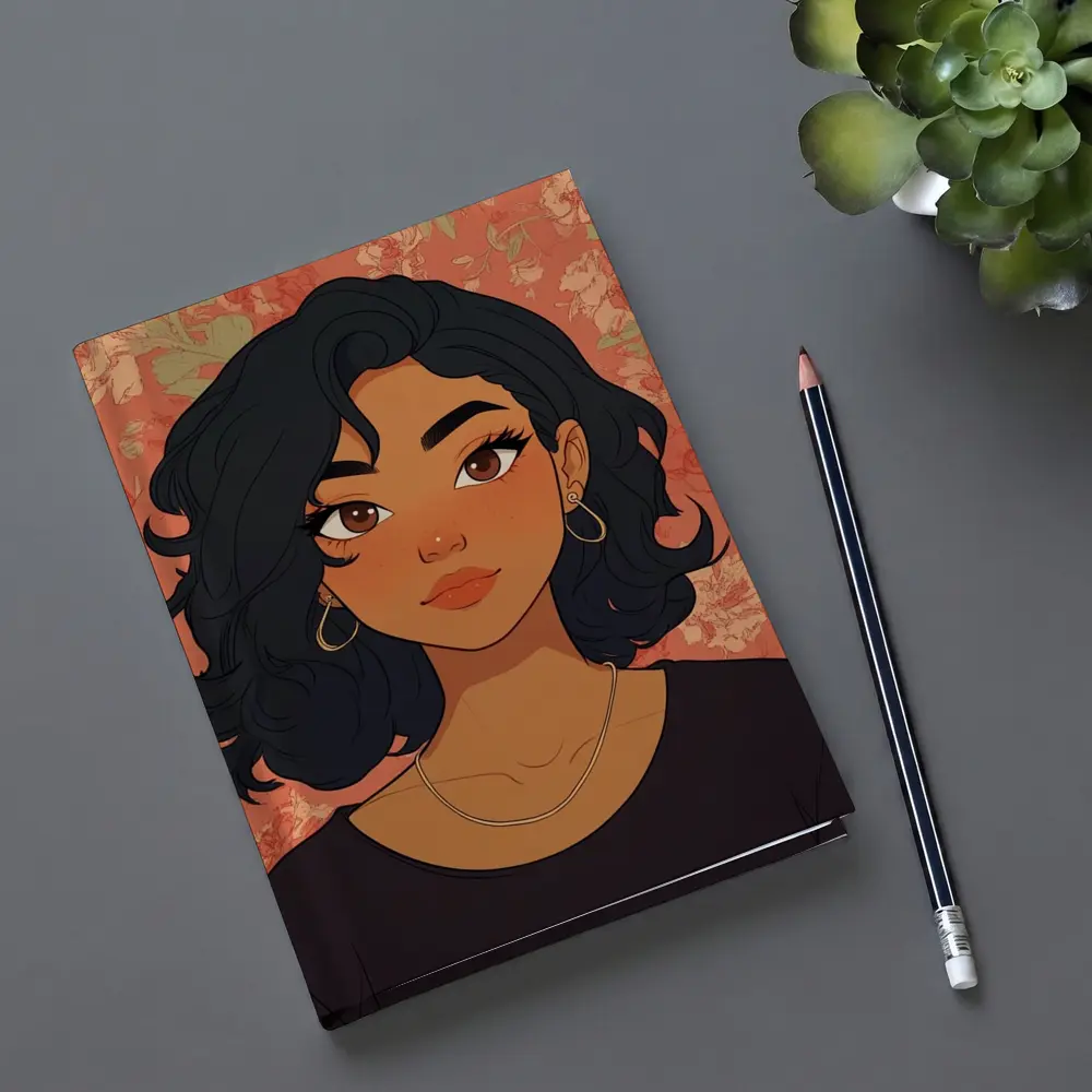 Cartoon Girl Portrait Floral Coral Background – Notebooks