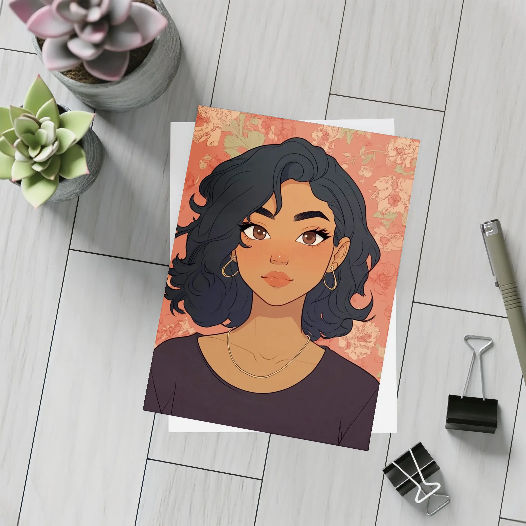 Cartoon Girl Portrait Floral Coral Background – Postcards