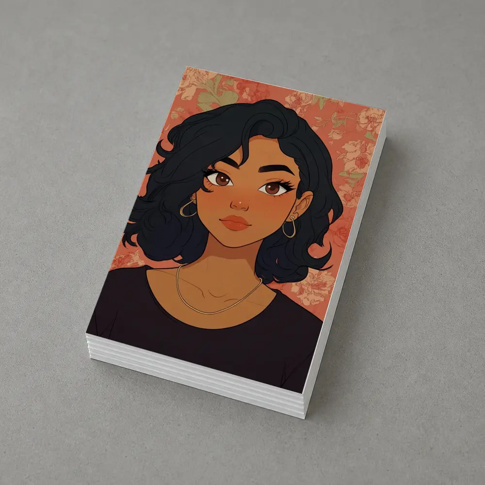 Cartoon Girl Portrait Floral Coral Background – Postcards