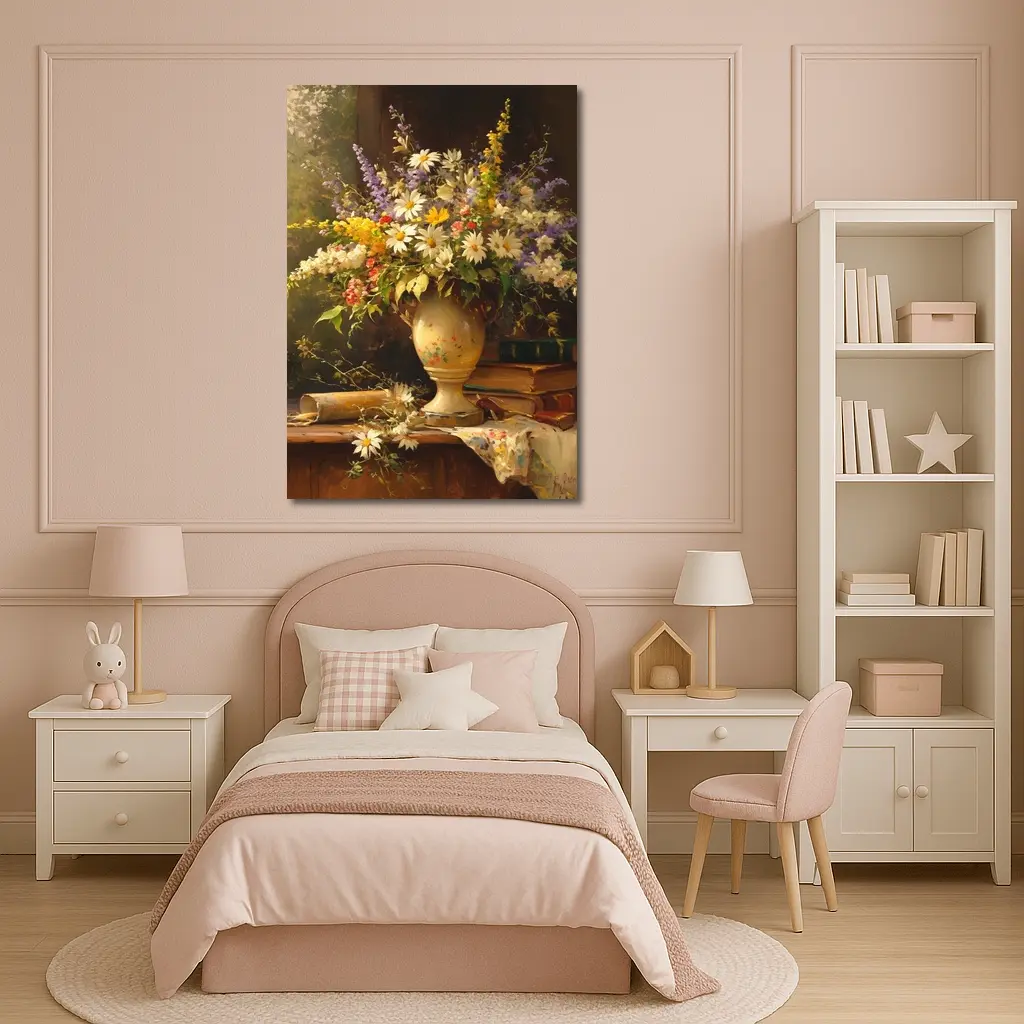 Classic Still Life Daisies Lavender Floral Painting – Wall Art