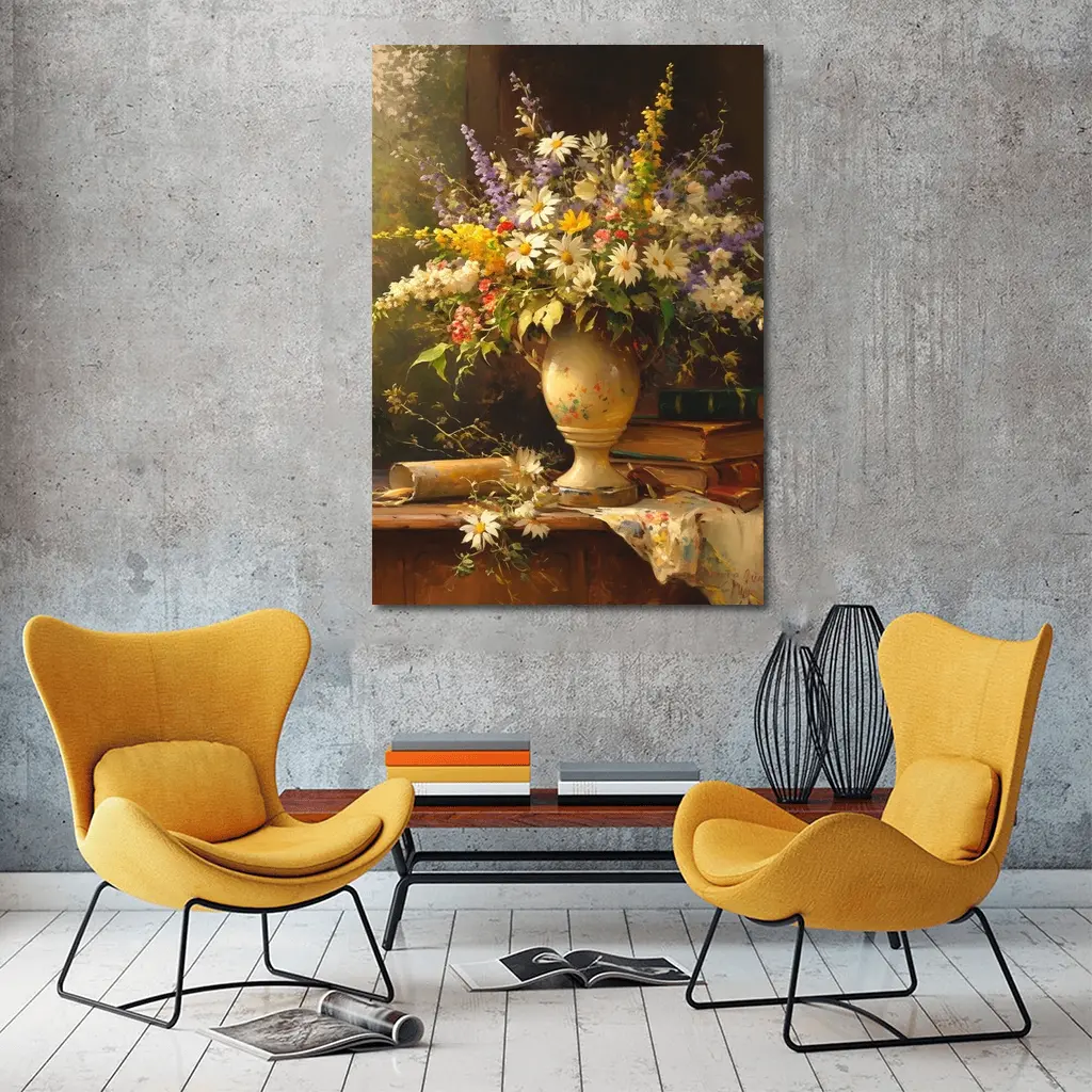 Classic Still Life Daisies Lavender Floral Painting – Wall Art